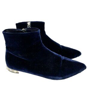 Miu Miu Ankle Boots Size 37.5 US 7.5 Booties Shoes Blue Velvet Embellished Heel